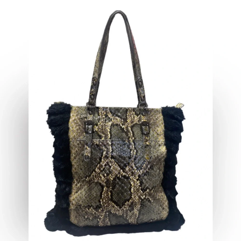 Sharif Skakeskin / Croc Embossed Tote Bag with Black Fur Trim